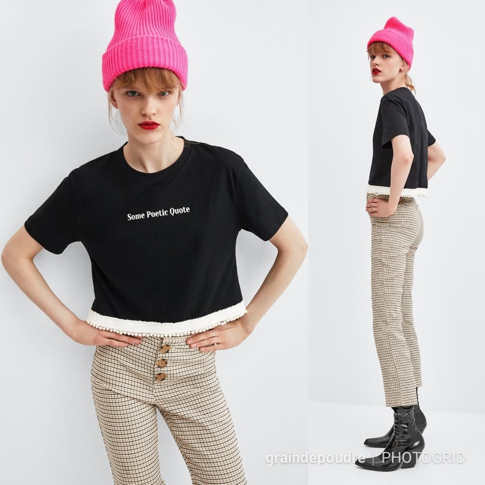 Zara Poetic Quote Pearl Hem Cropped T Shirt  M L